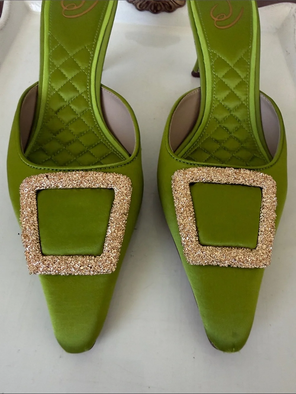 Sam Edelman Green Brit Kitten Satin Mules with Gold Buckle - Size 8.5 - Picture 9 of 14